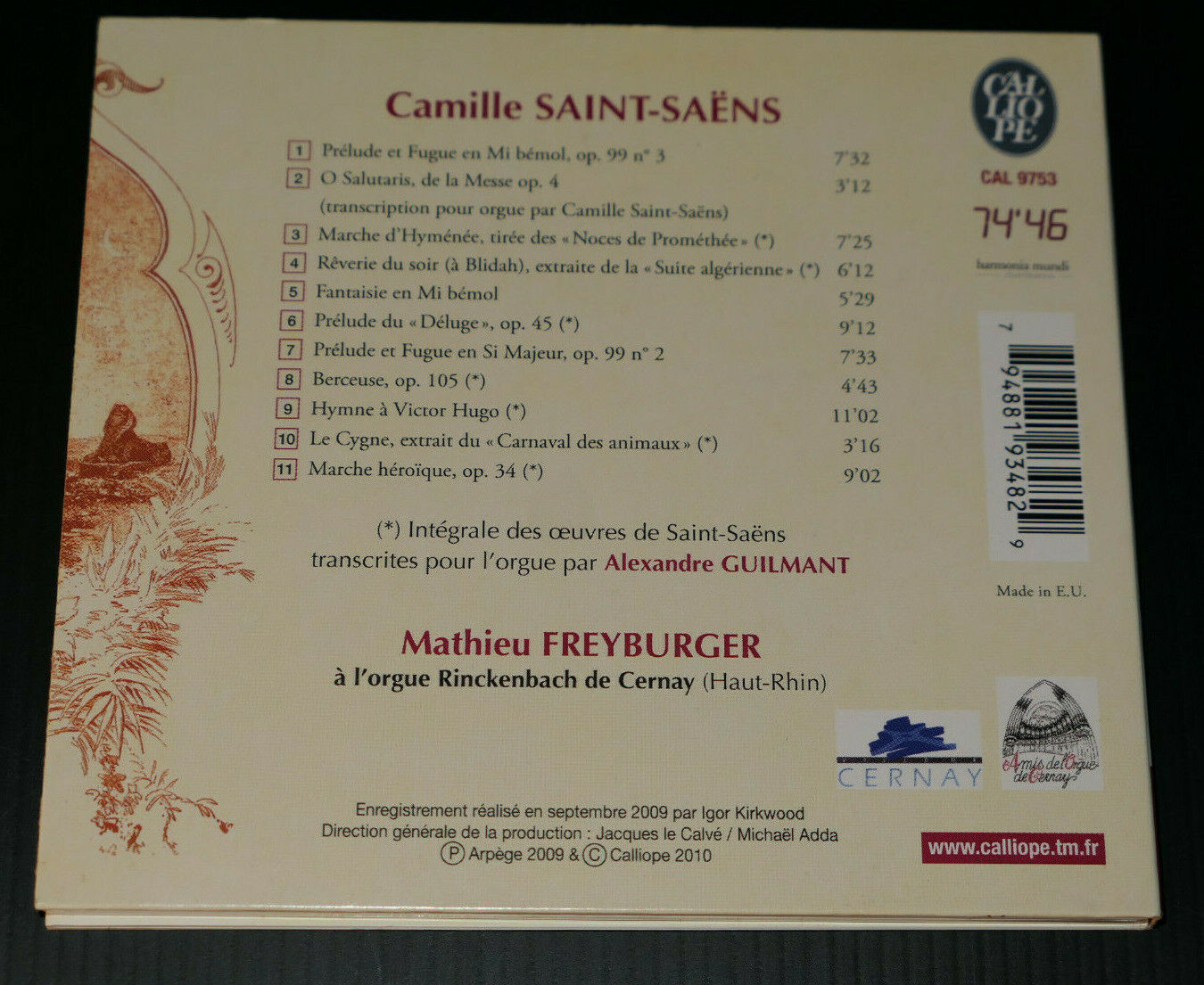 CD SAINT-SAENS / OEUVRES POUR ORGUE / MATHIEU FREYBURGER ORGUE / CALIOPE 2010