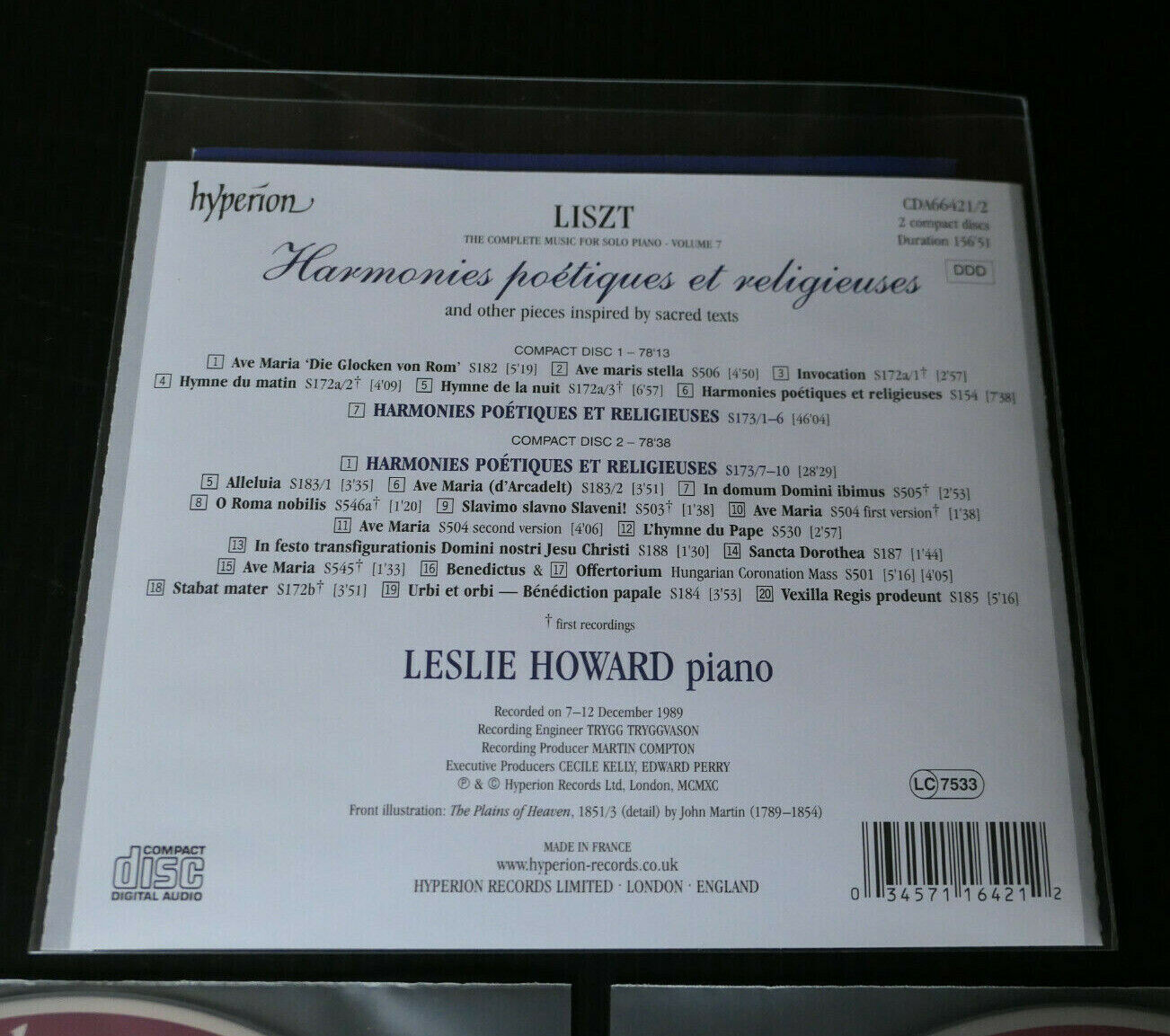 2CD LISZT / HARMONIES POETIQUES ET RELIGIEUSES / LESLIE HOWARD / HYPERION 1990