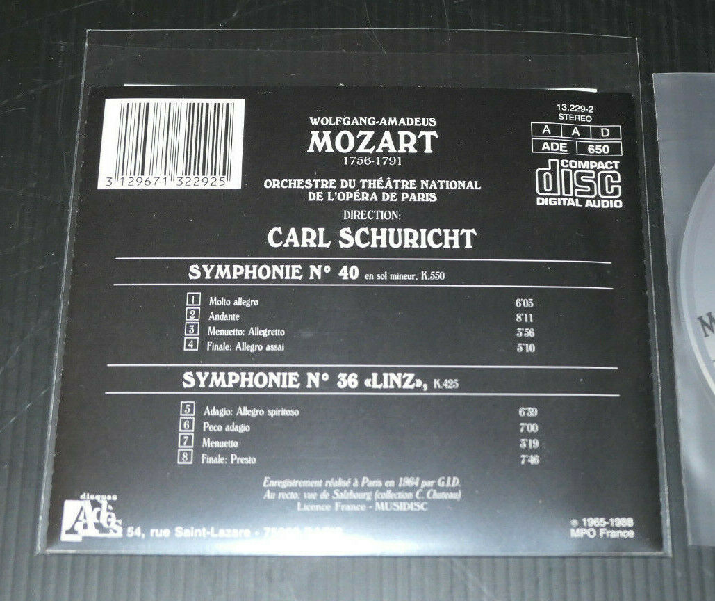 CD MOZART SYMPHONIES 36 LINZ & 40 / CARL SCHURICHT ORCHESTRE PARIS / ADES 1988