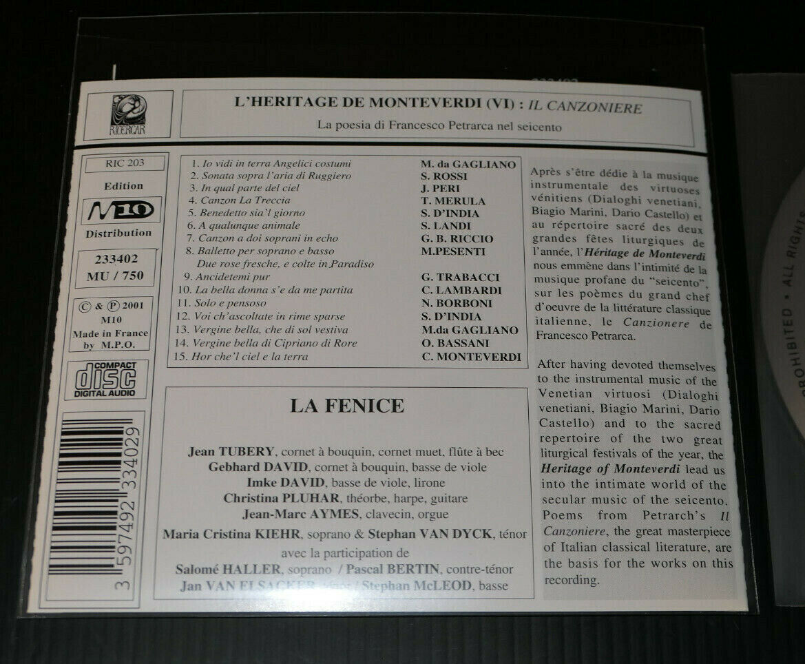 CD L'HERITAGE DE MONTEVERDI / LA FENICE TUBERY KIEHR VAN DYCK / RICERCAR 2001