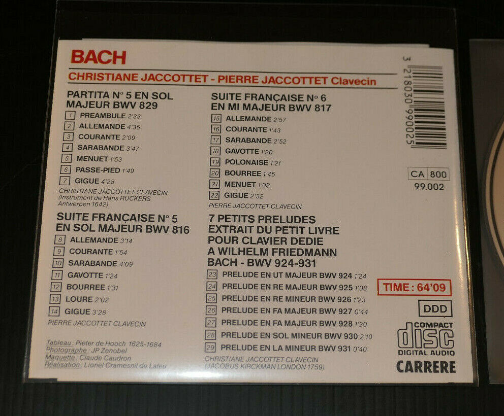 CD J.S. BACH / CHRISTIANE & PIERRE JACCOTTET CLAVECIN / CARRERE 1987