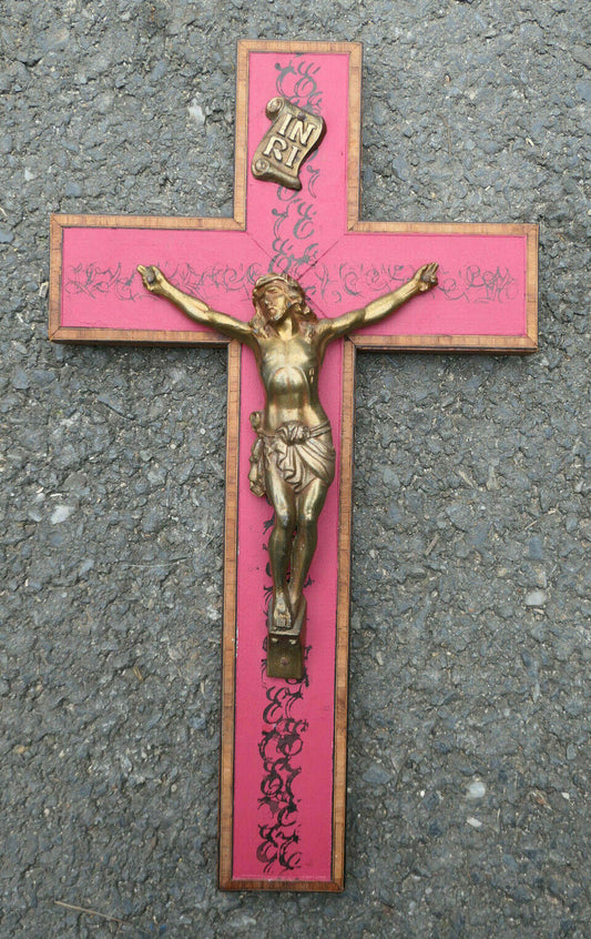 ANCIEN CRUCIFIX CROIX BOIS REGULE DORE MARQUETERIE DECOR ENCRE INRI RELIGIOUS