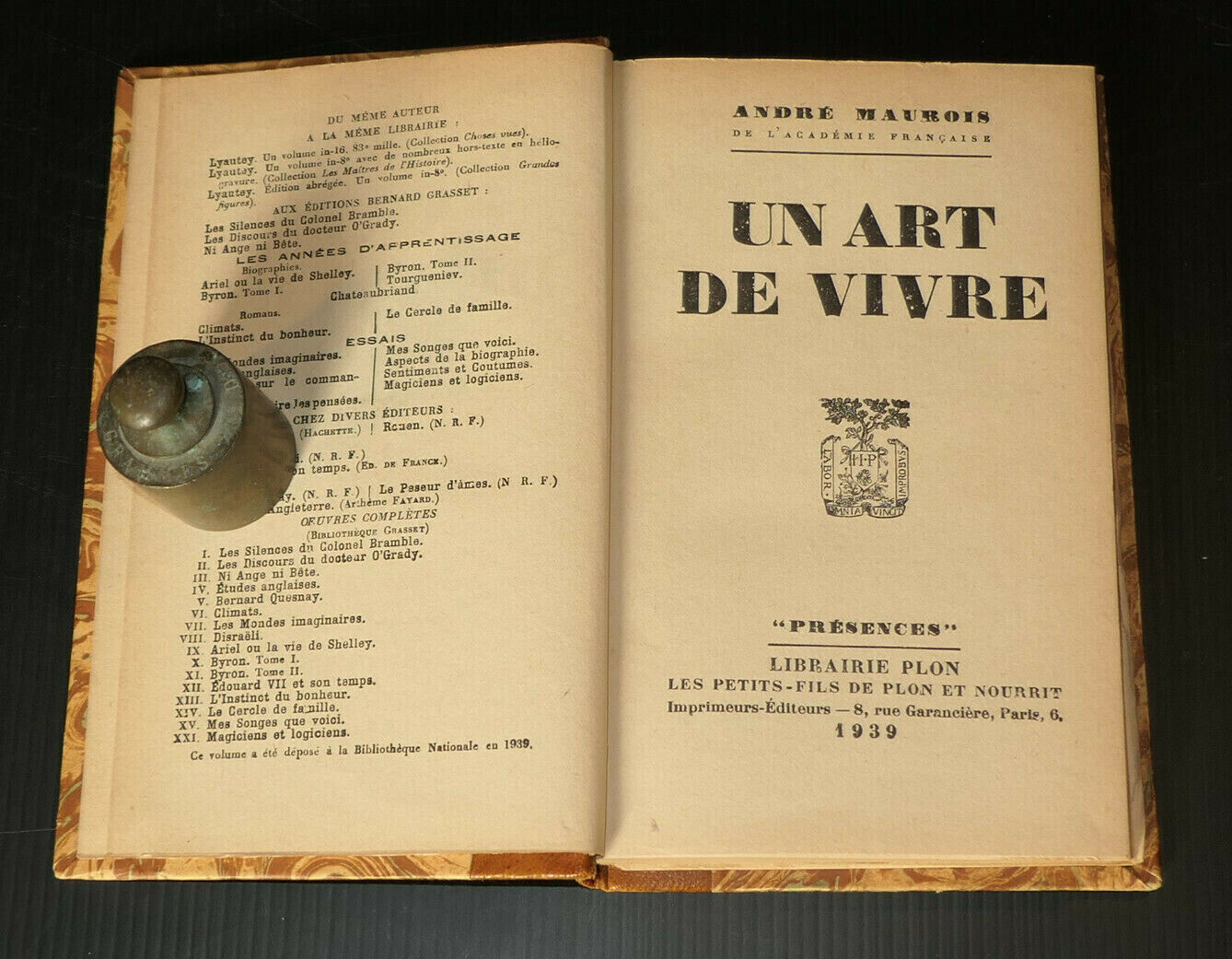 ANDRE MAUROIS / UN ART DE VIVRE / PLON PRESENCES 1940