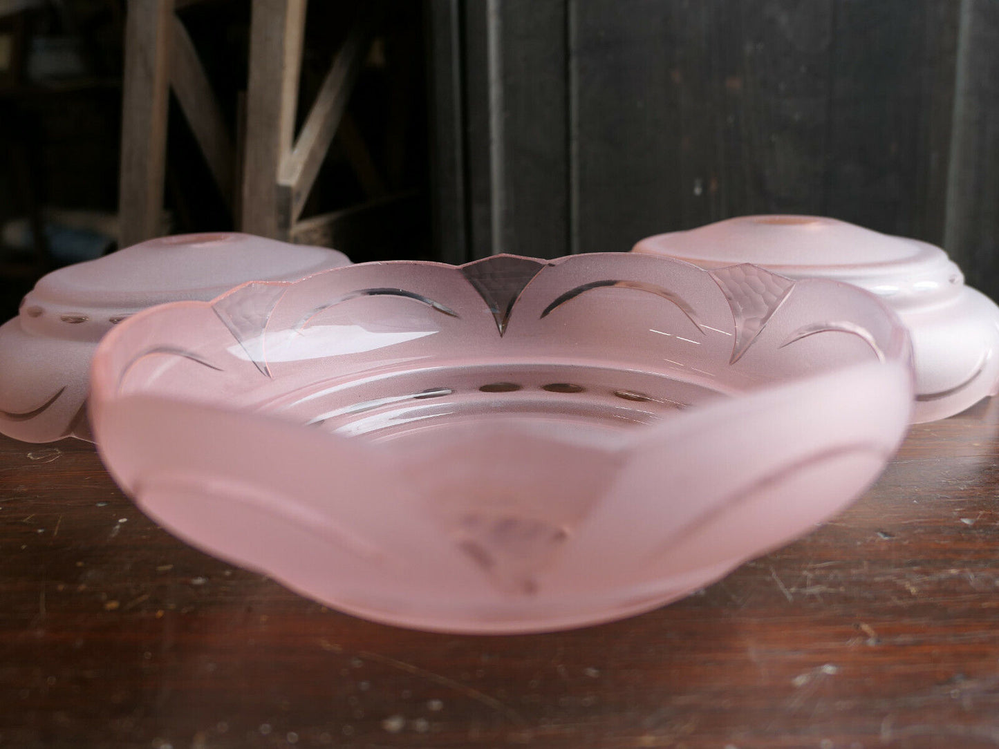 LOT OF 3 OLD ART DECO CHANDELIER LIGHTING CUPS 1930 PINK GLASS