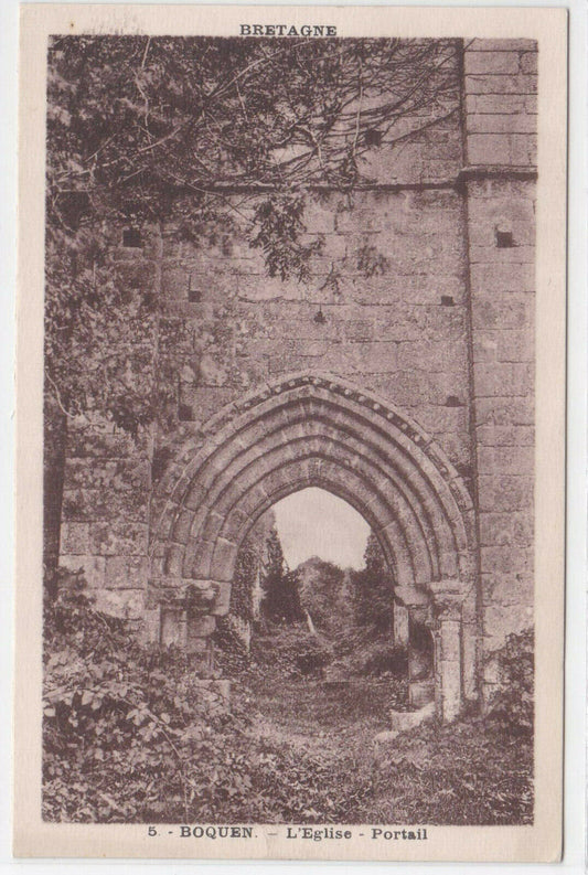 CARTE POSTALE ANCIENNE NOIR & BLANC CPA BOQUEN L'EGLISE PORTAIL BRETAGNE