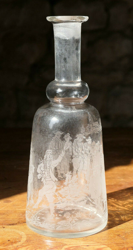 ANCIENNE CARAFE EN VERRE SOUFFLE GRAVE BRETAGNE FETE MARIAGE SONNEUR BINIOU DECO