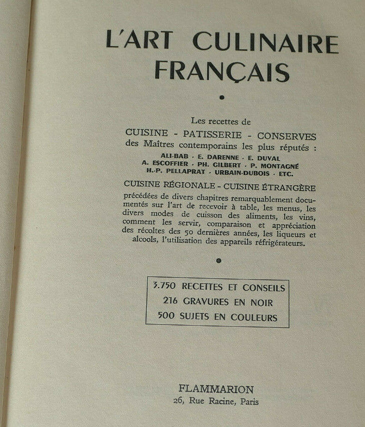 L'ART CULINAIRE FRANCAIS / FLAMMARION 1950 / CUISINE PATISSERIE CONSERVES