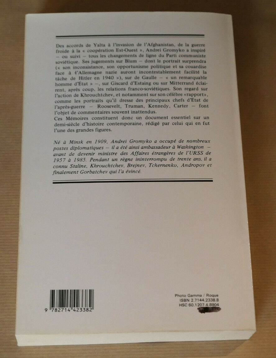 ANDREI GROMYKO / MEMOIRES / URSS DIPLOMATIE POLITIQUE DOCUMENT / BELFOND 1989