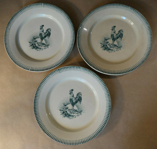 ANCIENNE ASSIETTE PORCELAINE OPAQUE DE GIEN TERRE DE FER CHANTECLER DECOR COQ