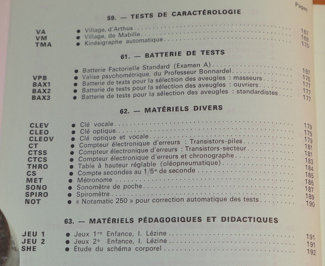 PSYCHOMETRIE CATALOGUE MATERIEL SCIENCE TECHNIQUE TESTS EAP 1973