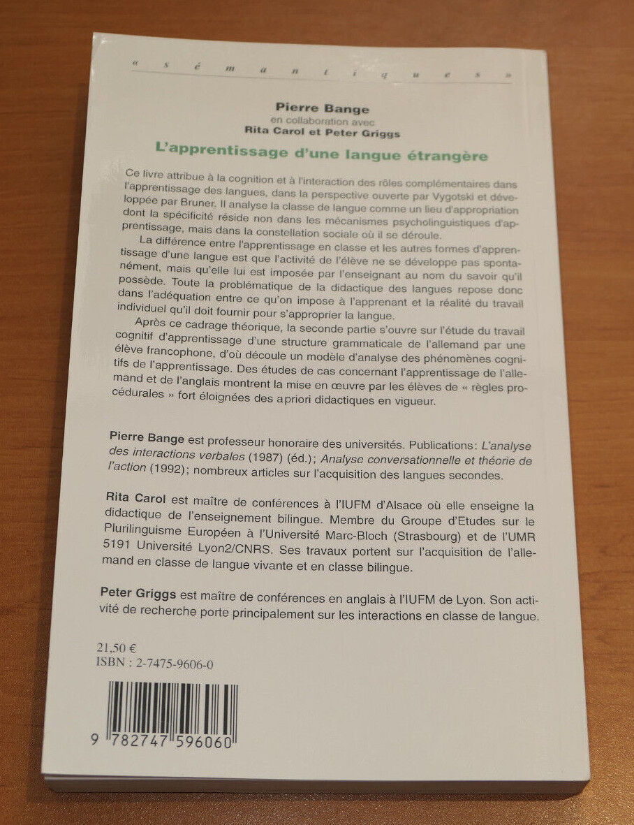 L'APPRENTISSAGE D'UNE LANGUE ETRANGERE COGNITION ET INTERACTION L'HARMATTAN 2005