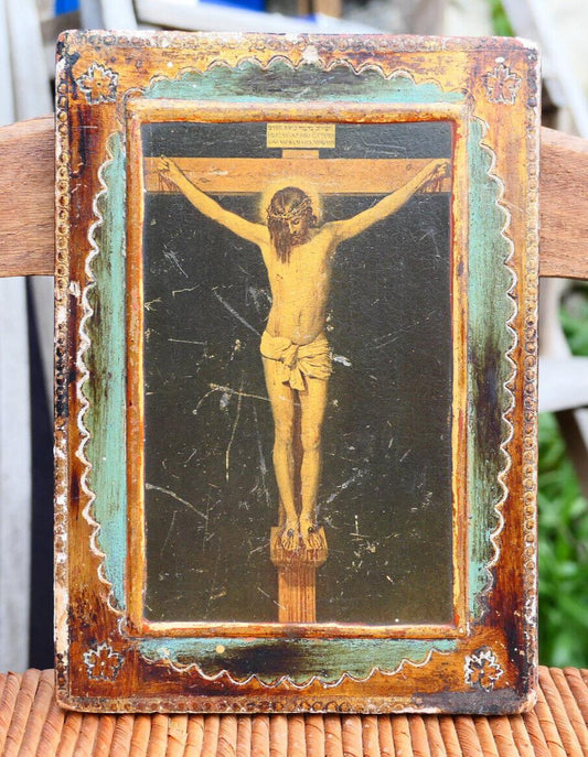 ANCIENNE PETITE ICONE RELIGIEUSE CHRIST SUR PANNEAU DE BOIS A. ROBLOT DEBUT XXe