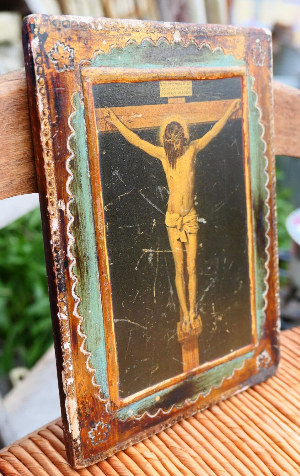 ANCIENNE PETITE ICONE RELIGIEUSE CHRIST SUR PANNEAU DE BOIS A. ROBLOT DEBUT XXe