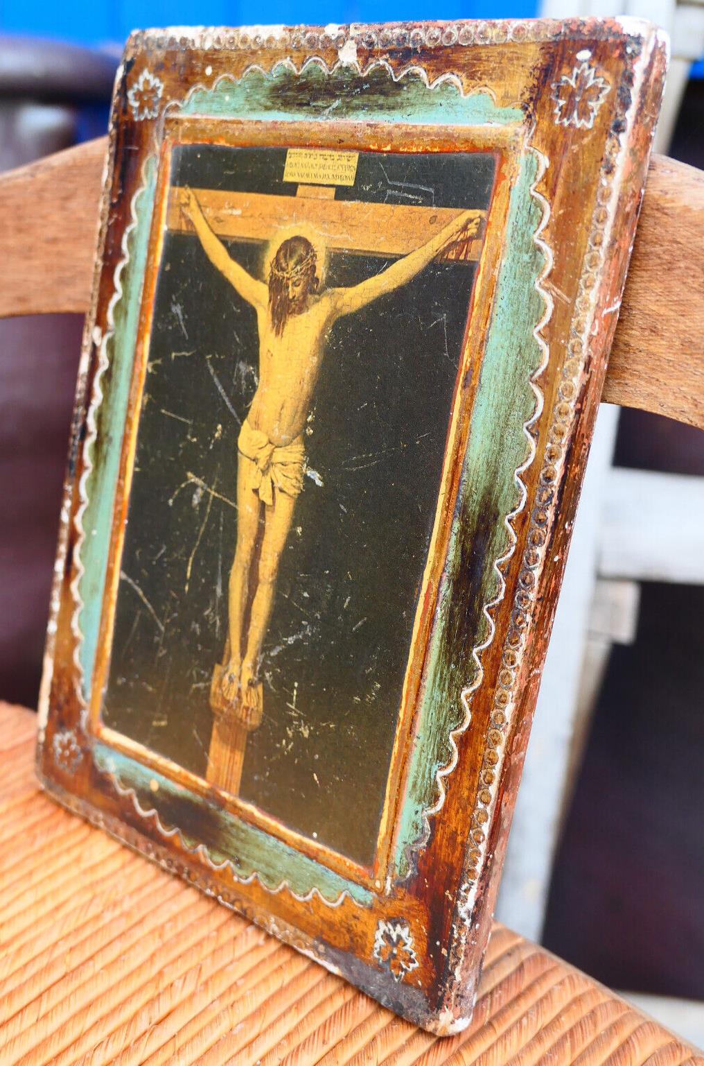 ANCIENNE PETITE ICONE RELIGIEUSE CHRIST SUR PANNEAU DE BOIS A. ROBLOT DEBUT XXe