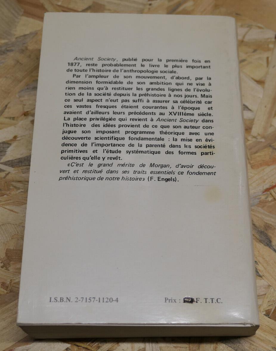 LA SOCIETE ARCHAIQUE / LEWIS H. MORGAN / ANTHROPOS 1985 ANTHROPOLOGIE SOCIALE