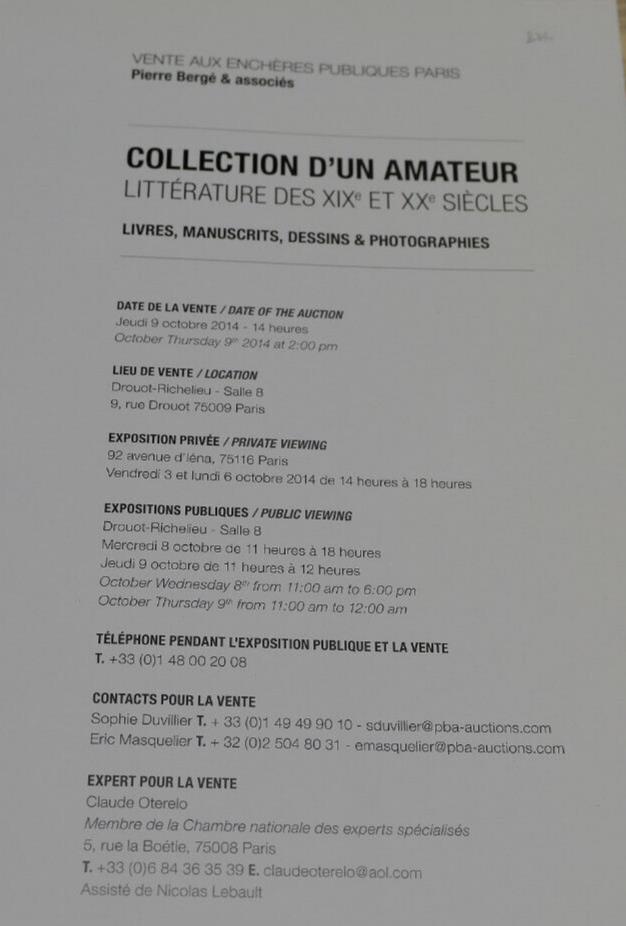 UNE VAGUE DE REVES VENTE ENCHERES COLLECTION LITTERATURE XIXe XXe SIECLES / 2014