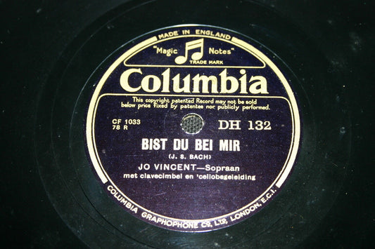 JO VINCENT / BACH   SOPRAAN SOPRANO   RARE 78T COLUMBIA   BIST DU BEI MIR   UK