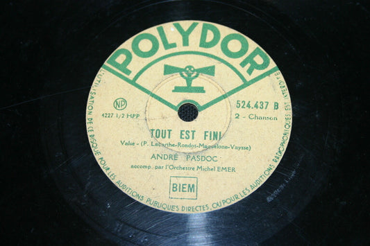 ANDRE PASDOC   78T   TOUT EST FINI / LA CASCADE DES AMOUREUX   POLYDOR