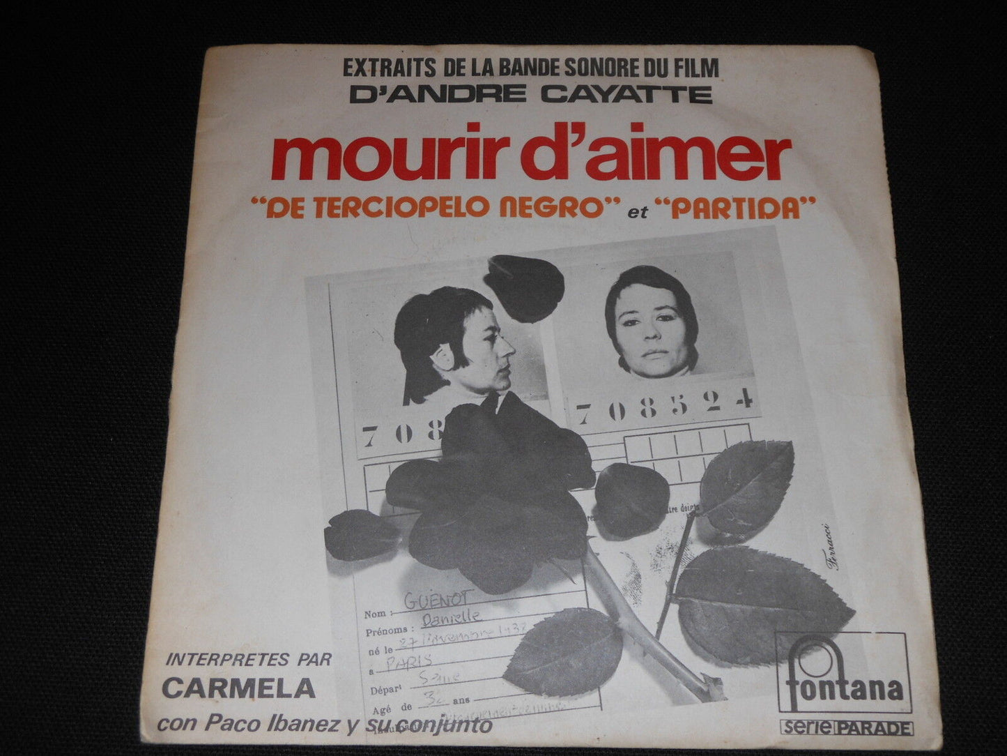 CARMELA con PACO IBANEZ y su conjunto SP 45T 7" MOURIR D'AIMER B.O.F.