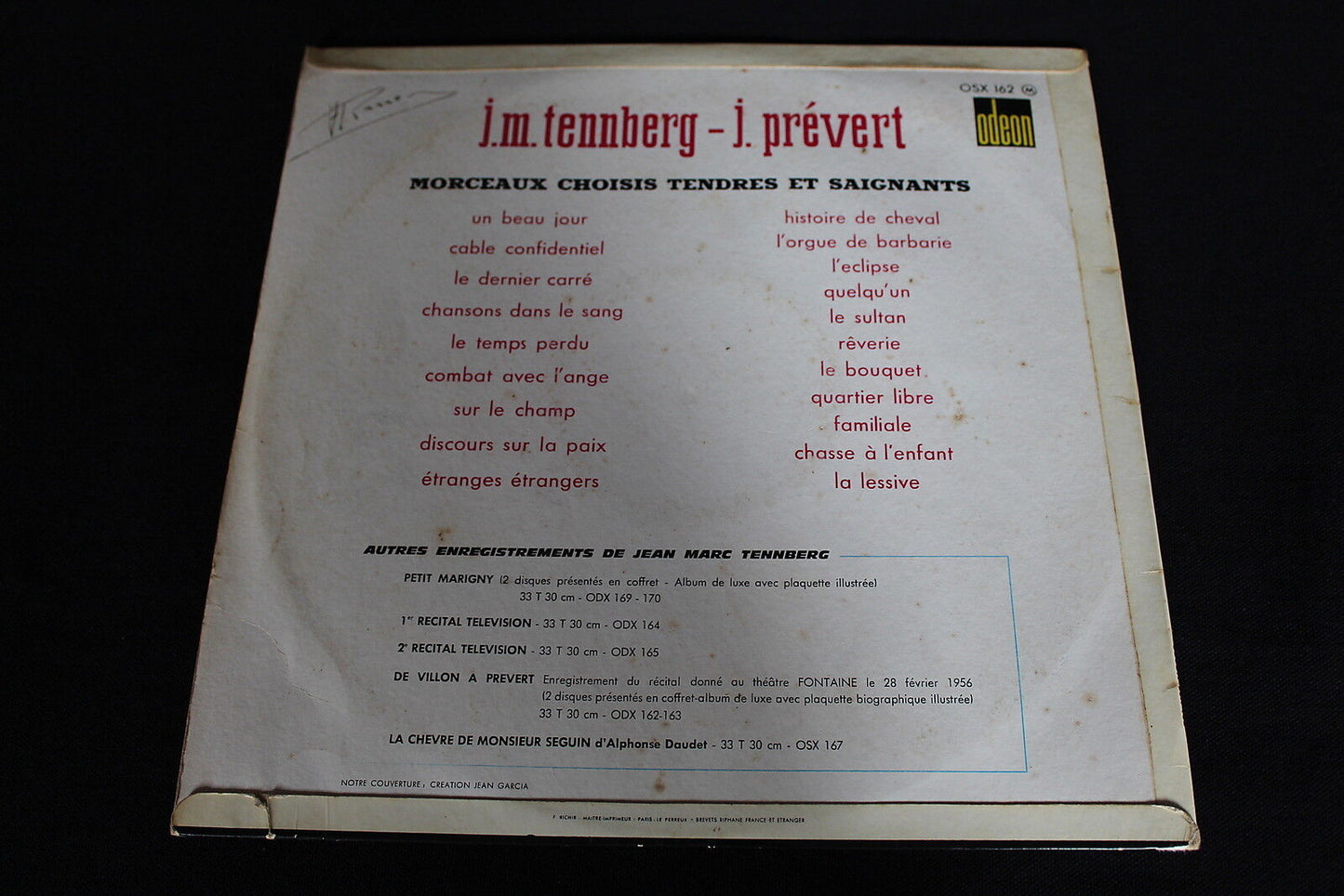 J.M. TENNBERG / JACQUES PREVERT LP 33T 12" MORCEAUX CHOISIS ODEON OSX 162