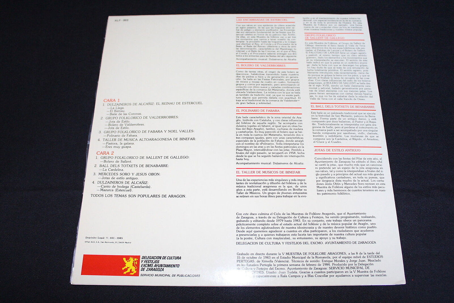 V MUESTRA DE FOLKLORE ARAGONES LP 33T 12" SPAIN 1985