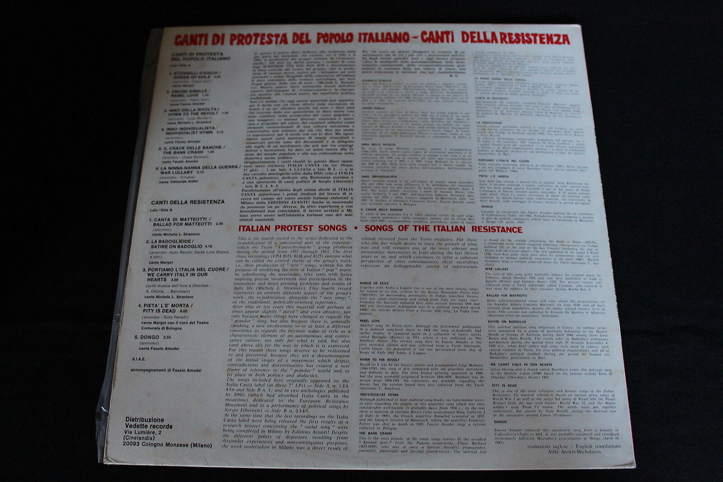 CANTI DI PROTESTA DEL POPOLO ITALIANO / CANTI DELLA RESISTENZA LP 33T 12" ITALY