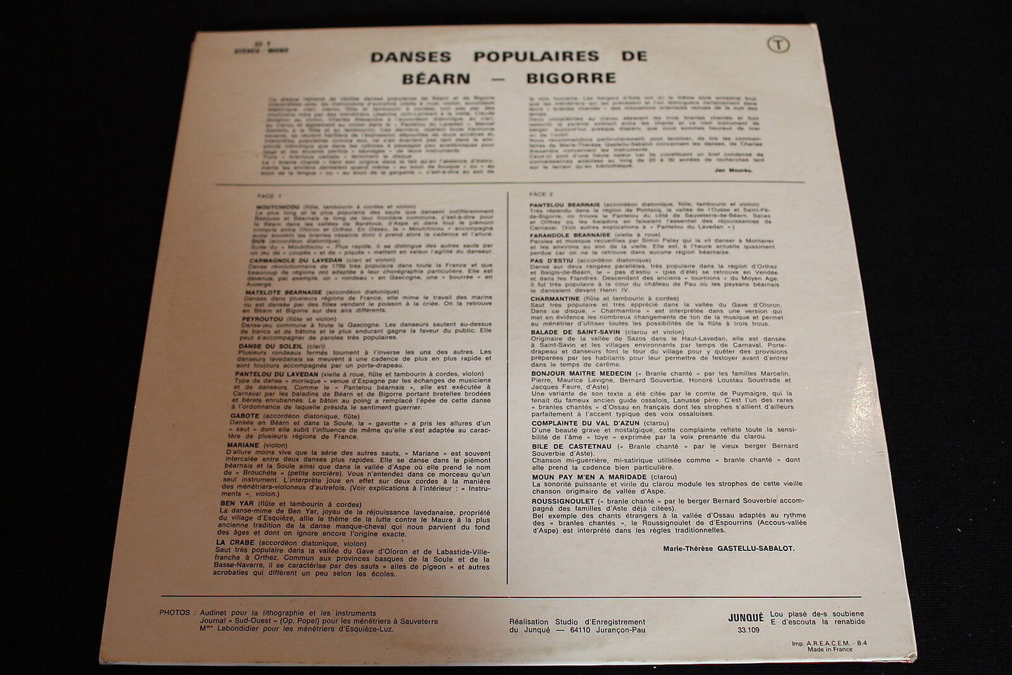 DANSES POPULAIRES DE BEARN-BIGORRE LP 33T 12" JUNQUE 33109