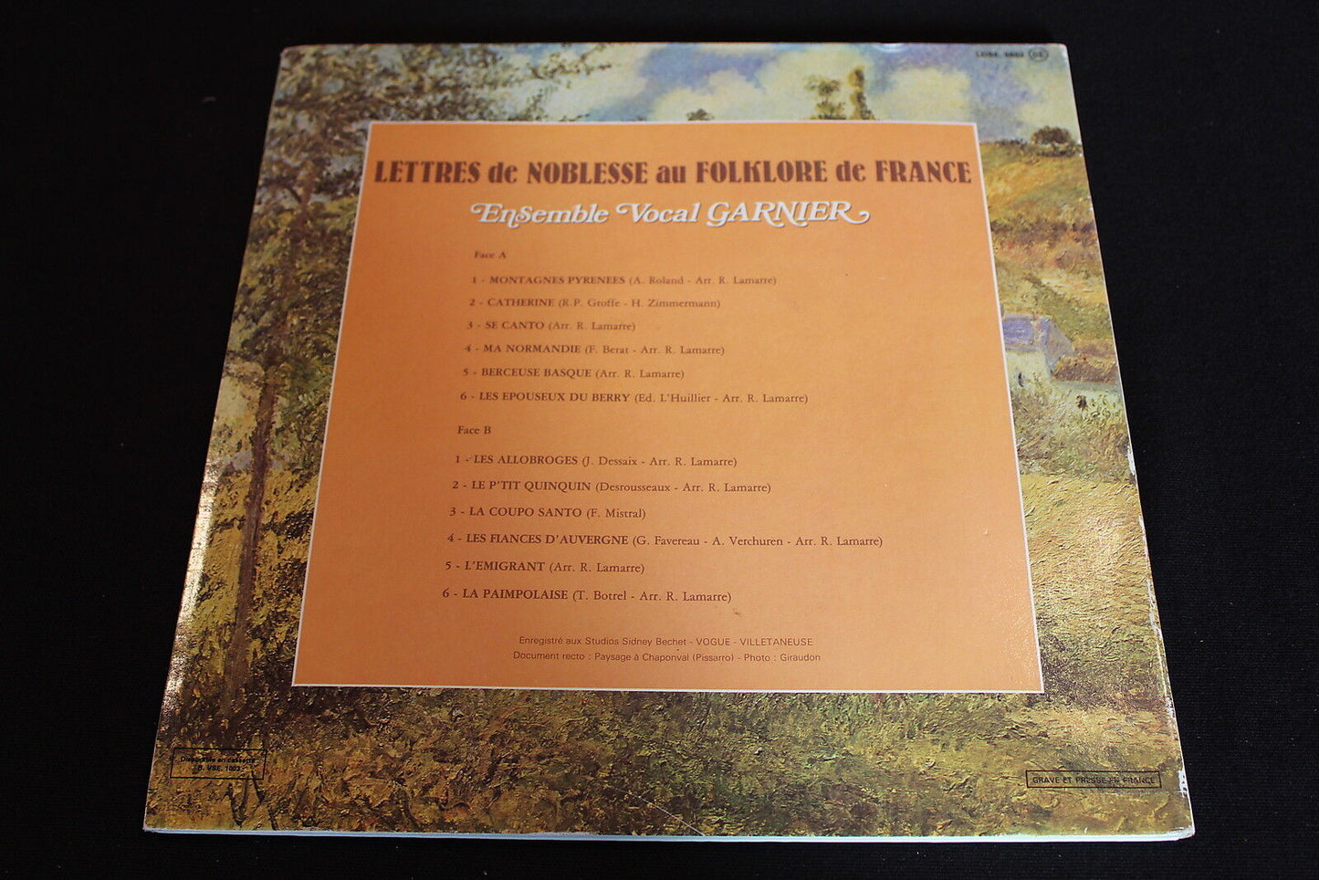 ENSEMBLE VOCAL GARNIER LETTRES DE NOBLESSE AU FOLKLORE DE FRANCE LP 33T 12"