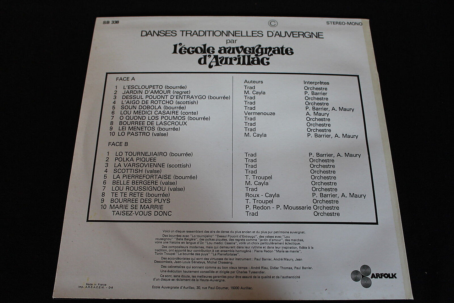 Danses Traditionnelles L'ECOLE AUVERGNATE D'AURILLAC LP 33T 12" ARFOLK SB 338