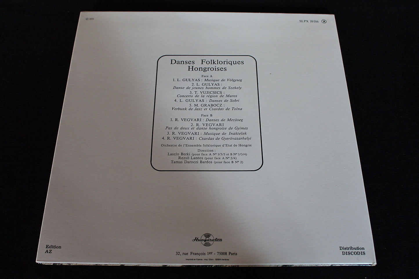 DANSES FOLKLORIQUES HONGROISES LP 33T 12" AZ SLPX 18016 1975