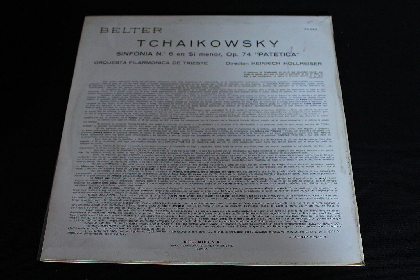 TCHAIKOWSKY / HEINRICH HOLLREISER SINFONIA N°6 SI MENOR LP 33T 12" BELTER