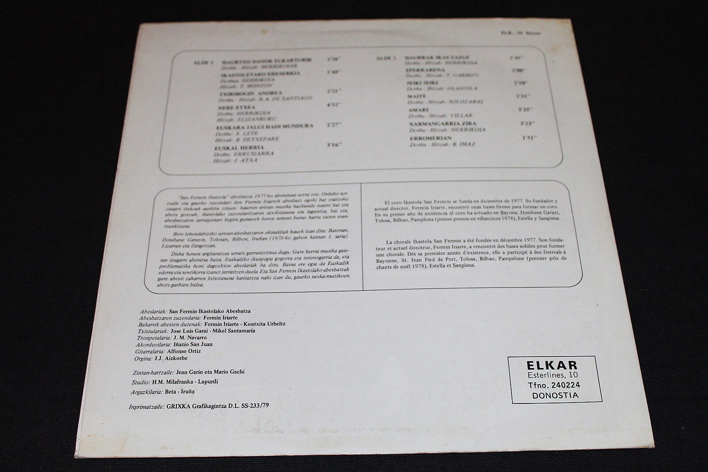 SAN FERMIN IKASTOLA ABESBATZA LP 33T 12" ELKAR ELK 38 FOLK BASQUE