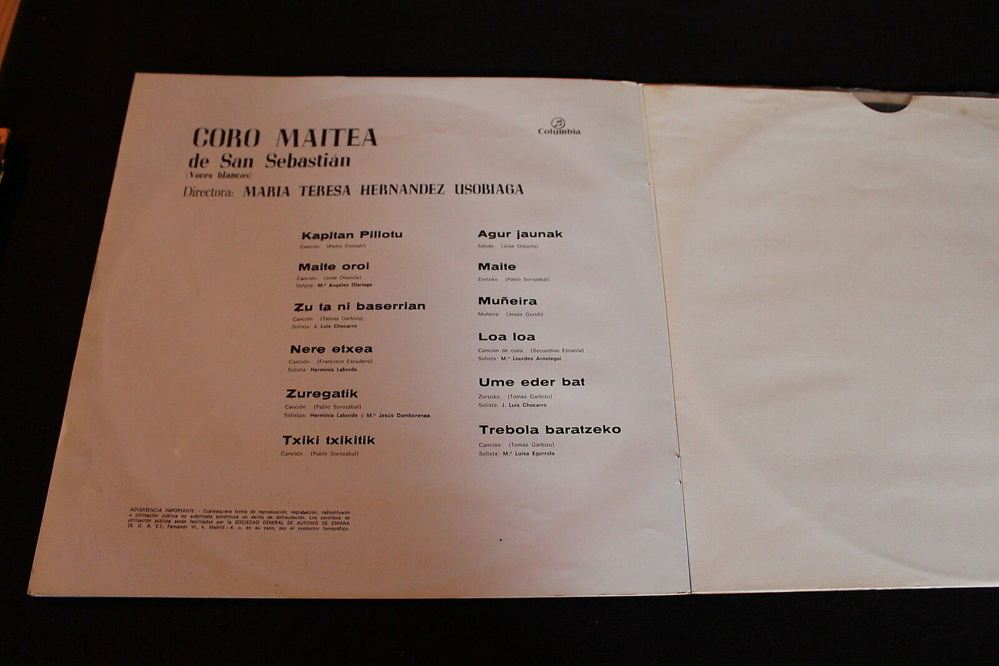 CORO MAITEA DE SAN SEBASTIAN MARIA TERESA HERNANDEZ USOBIAGA 1969 LP 33T