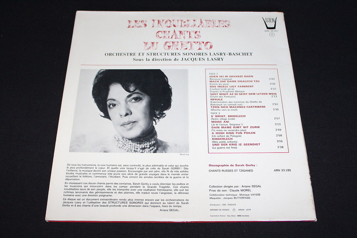 LES INOUBLIABLES CHANTS DU GHETTO de SARAH GORBY LP 33T 12" ARION 1976