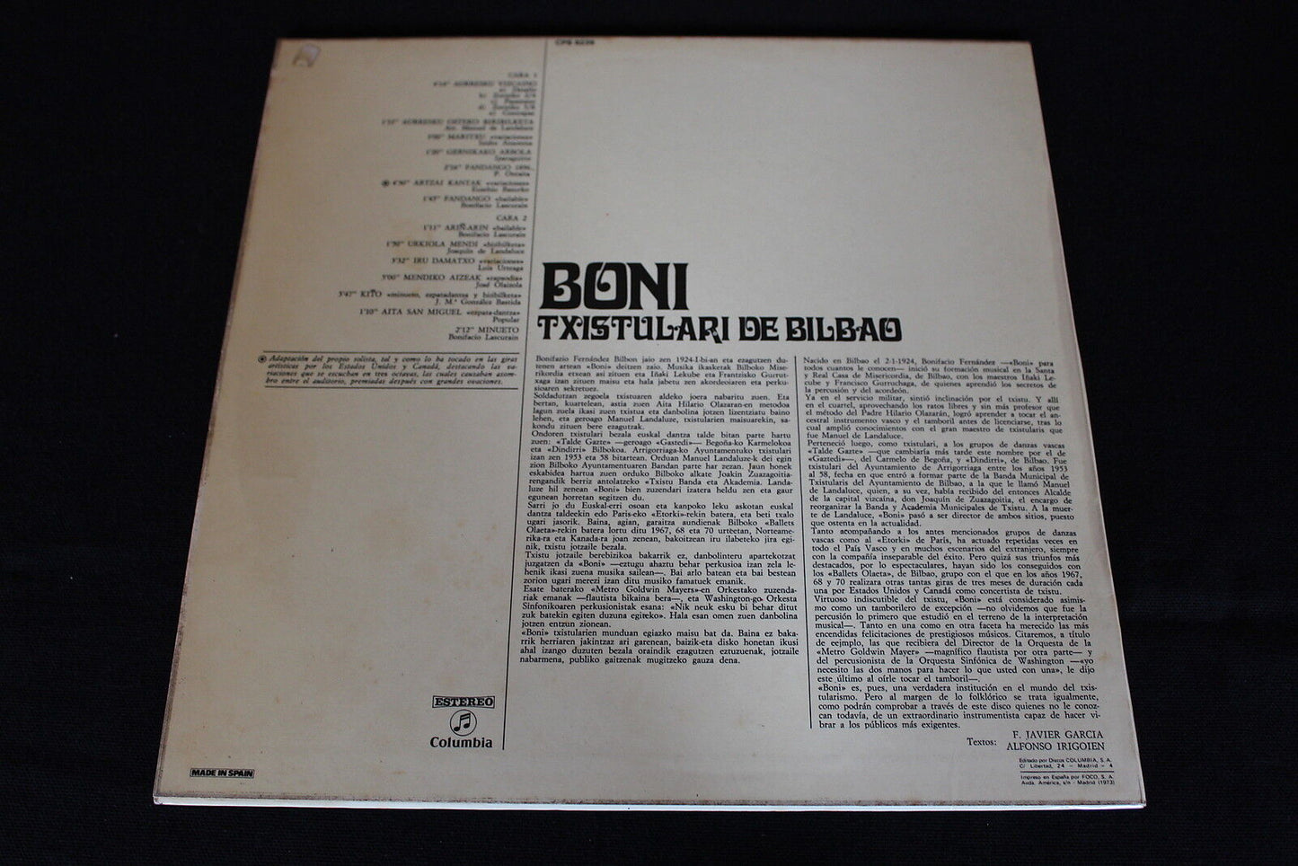 BONI TXISTULARI DE BILBAO LP 33T 12" 1973 SPAIN