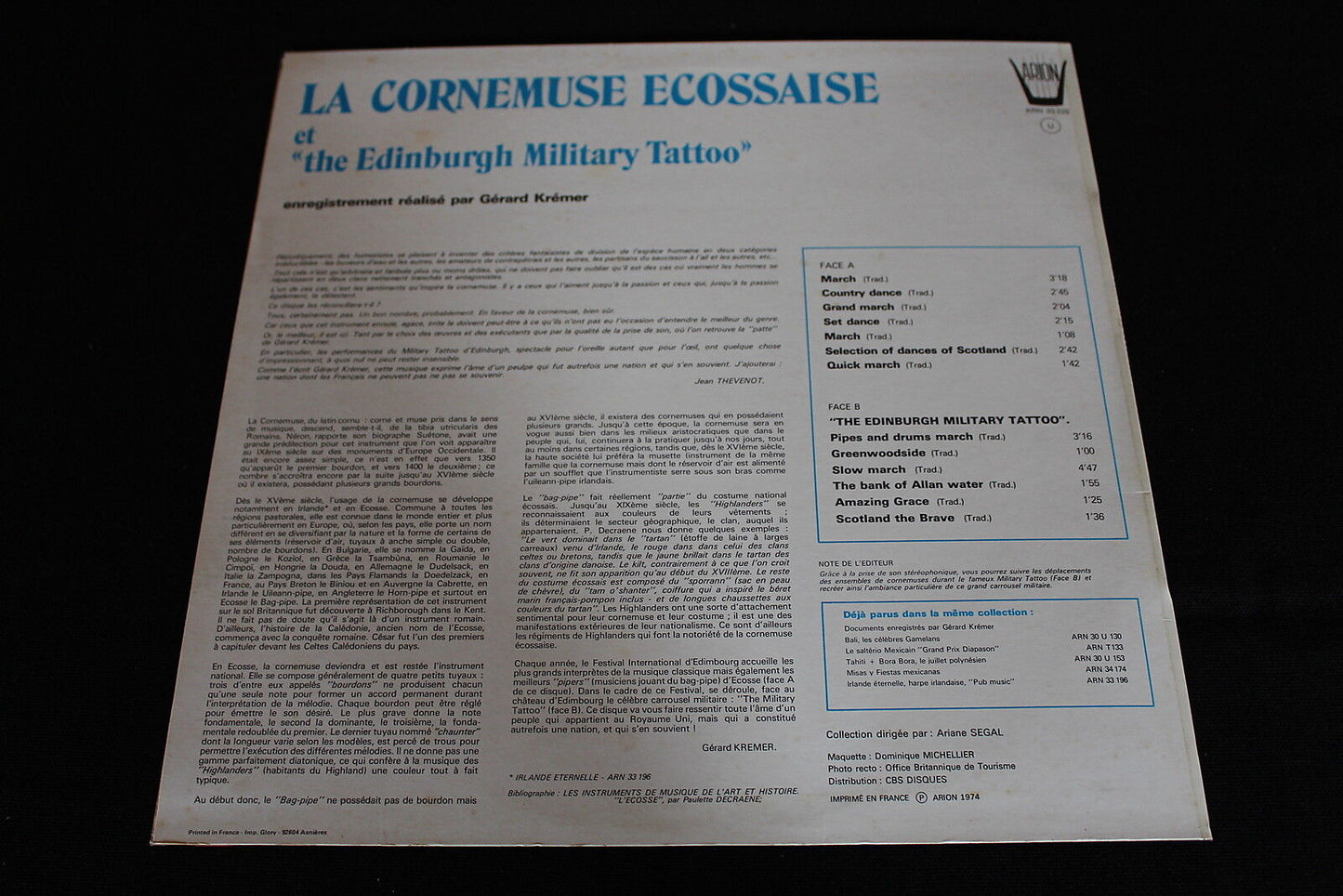 LA CORNEMUSE ECOSSAISE THE EDINBURGH MILITARY TATTOO LP 33T 12" ARION 33229