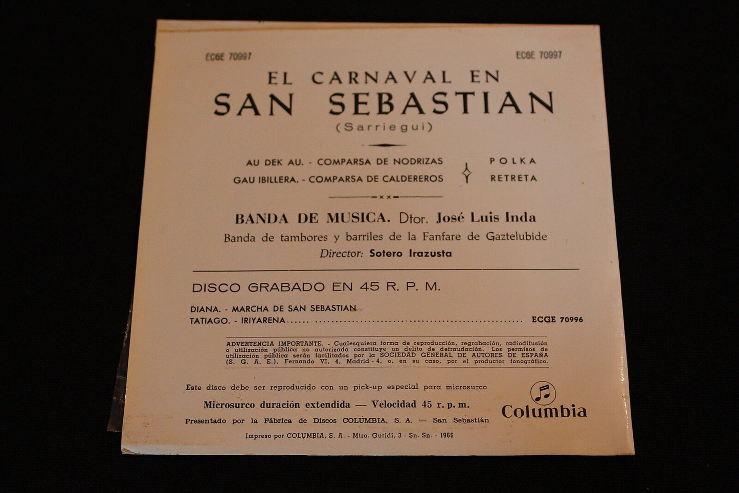EL CARNAVAL EN SAN SEBASTIAN EP 45T 7" COLUMBIA SPAIN 1966