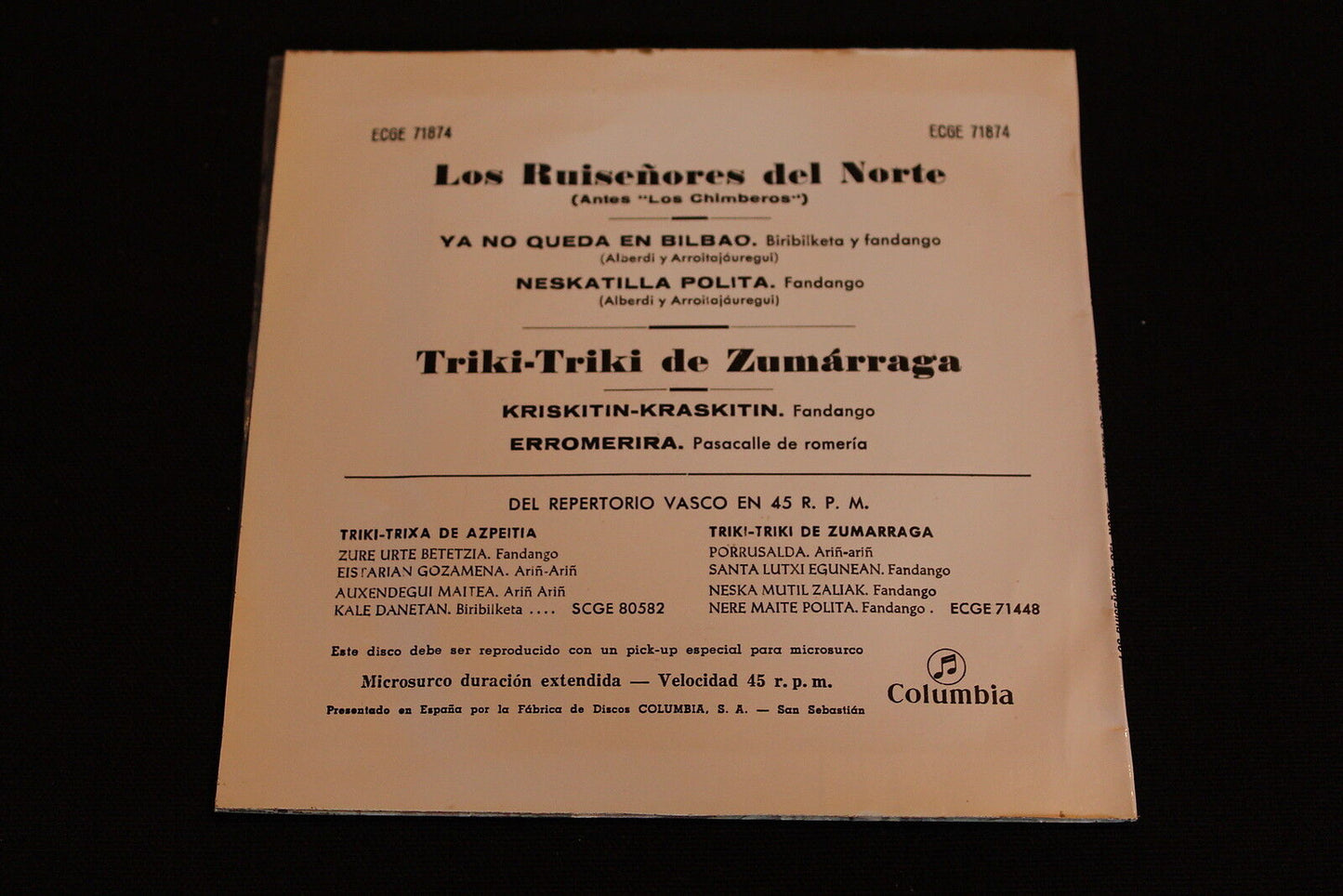 LOS RUISENORES DEL NORTE (LOS CHIMBEROS) / TRIKI-TRIKI DE ZUMARRAGA EP 45T 7"