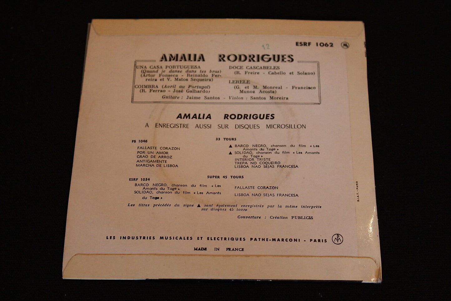 AMALIA RODRIGUES EP 45T 7" UNA CASA PORTUGUESA FRENCH ESRF 1062