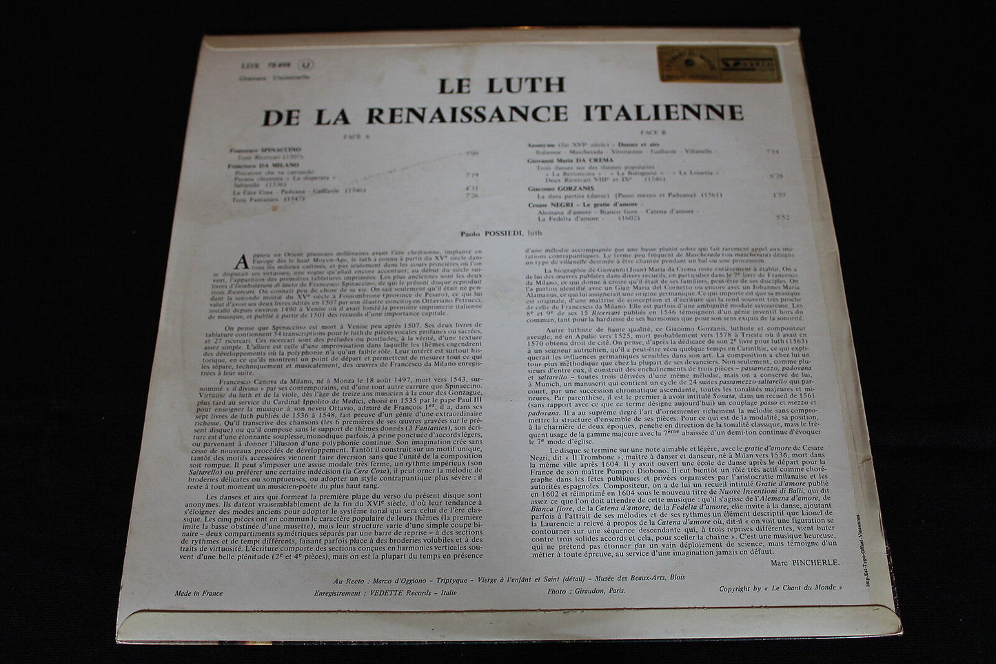 PAOLO POSSIEDI LE LUTH DE LA RENAISSANCE ITALIENNE LDX 78498 LP 33T 12"