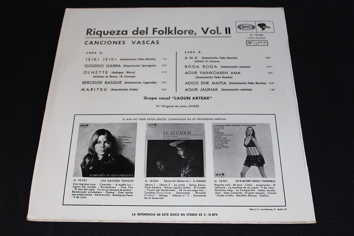 CANCIONES VASCAS Grupo Vocal LAGUN ARTEAK SPAIN 1968 LP 33T 12"