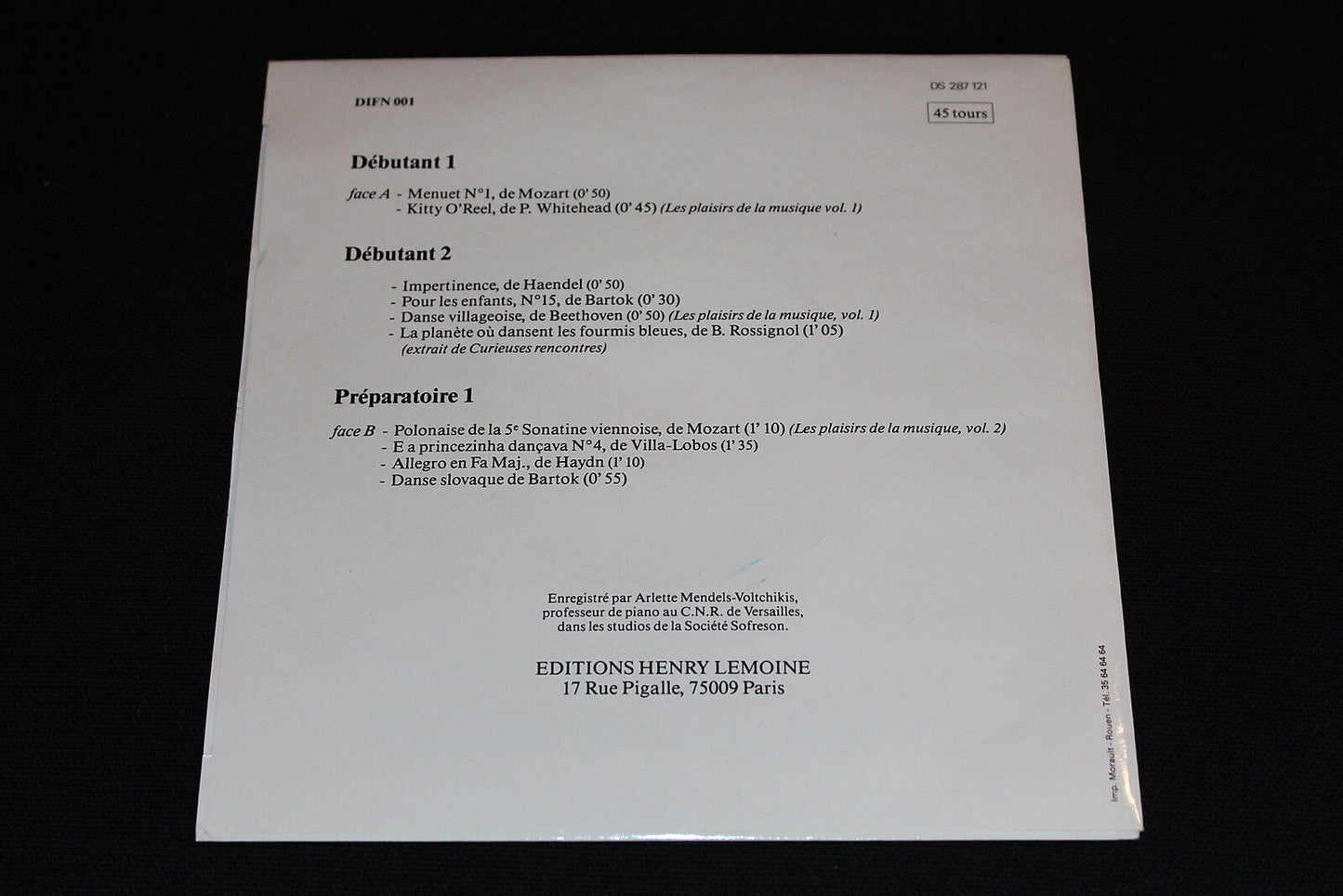 ARLETTE MENDELS-VOLTCHIKIS CONCOURS FNUCMU PIANO SP 45T 7"