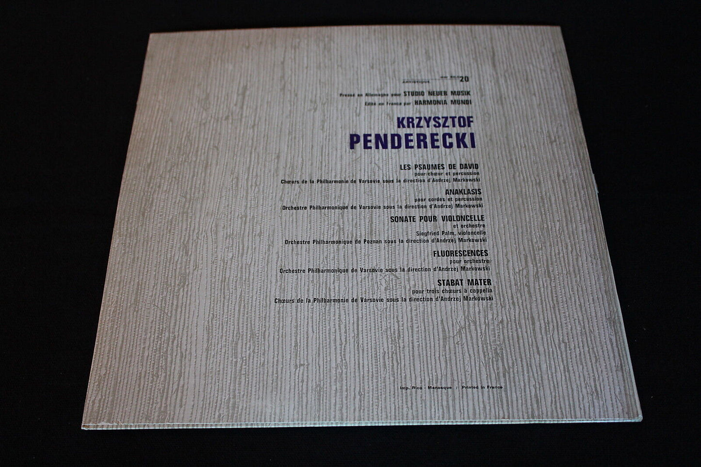 KRZYSZTOF PENDERECKI LP 33T 12" HARMONIA MUNDI WER 60.020 GEMA