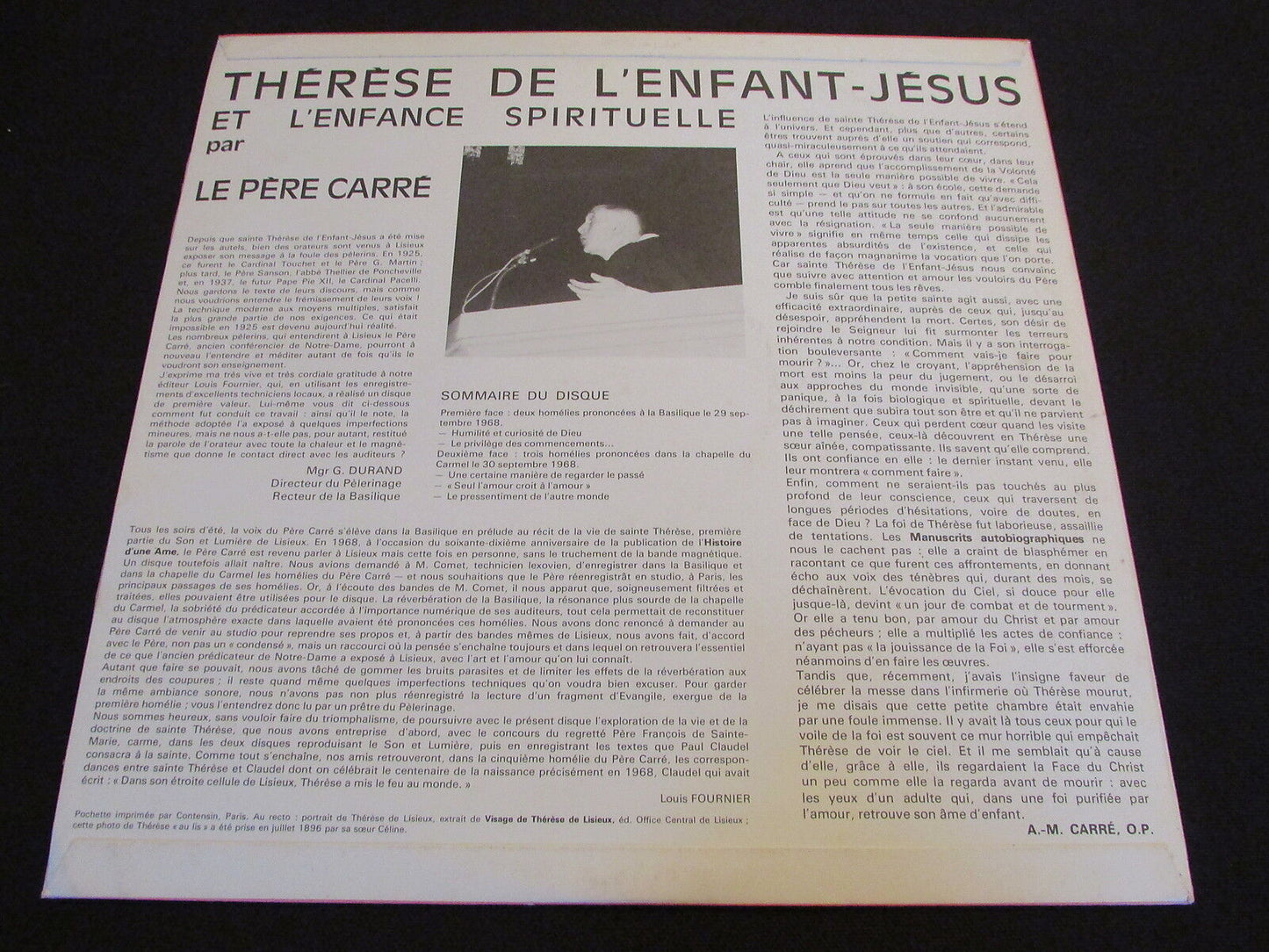 THERESE DE L'ENFANT JESUS ET L'ENFANCE SPIRITUELLE par LE PERE CARRE LP 33T