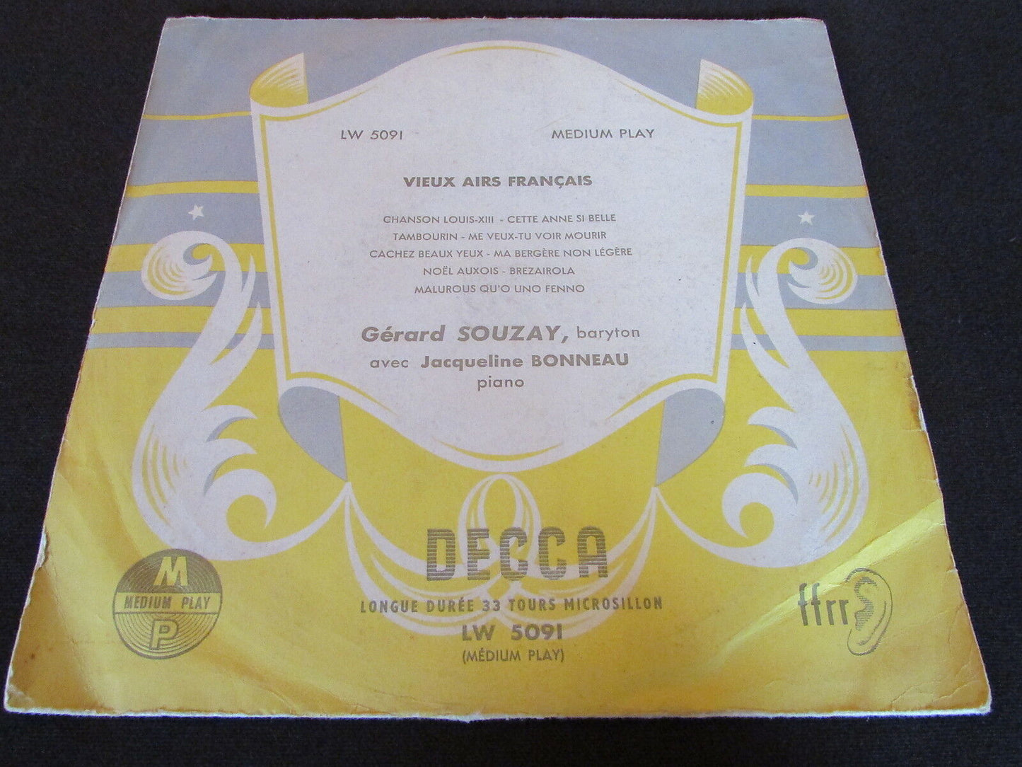 GERARD SOUZAY baryton JACQUELINE BONNEAU piano FRENCH DECCA LW 5091 LP 10"