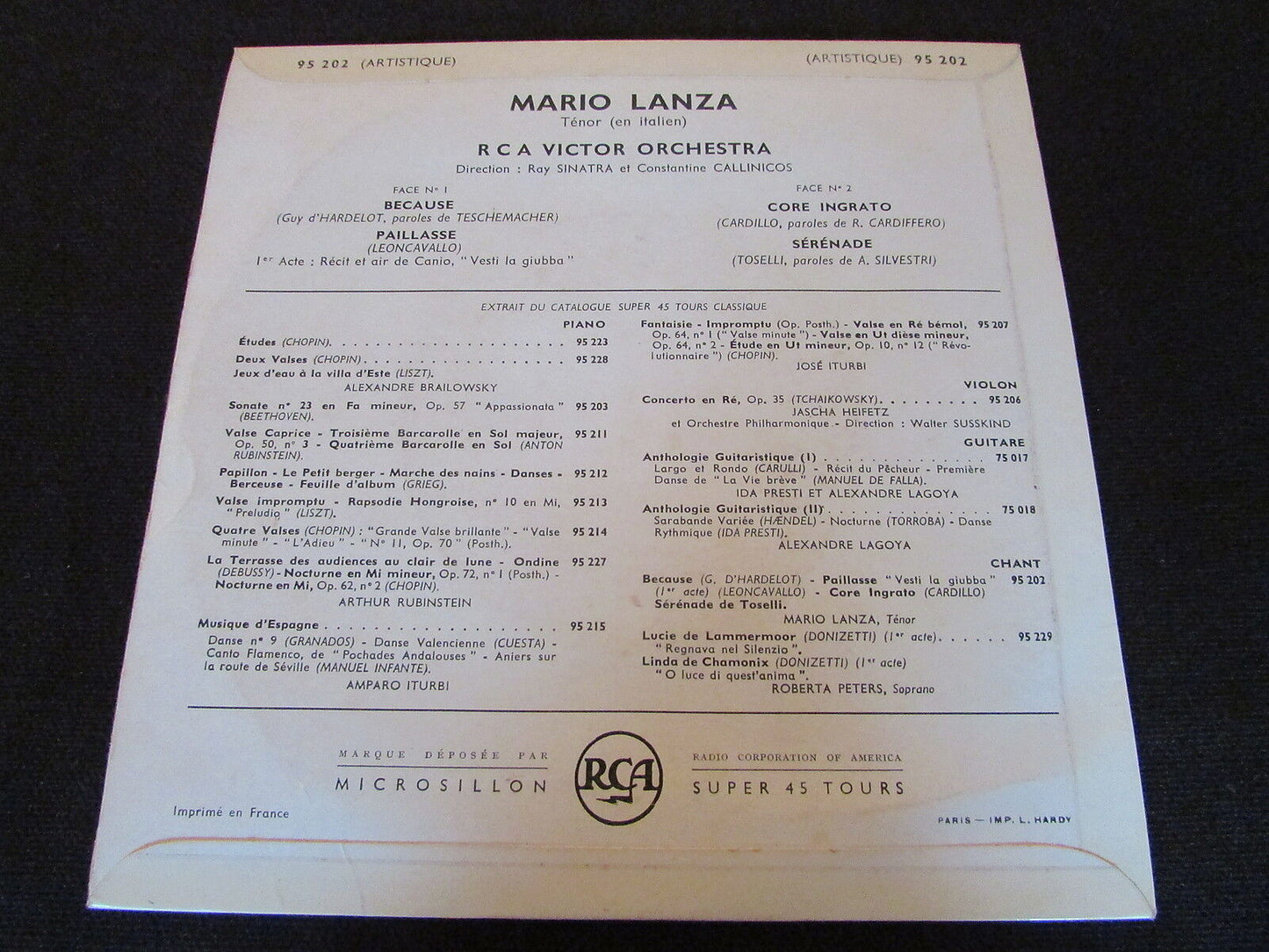 MARIO LANZA Ténor BECAUSE FRENCH RCA 95202 EP 45T 7"