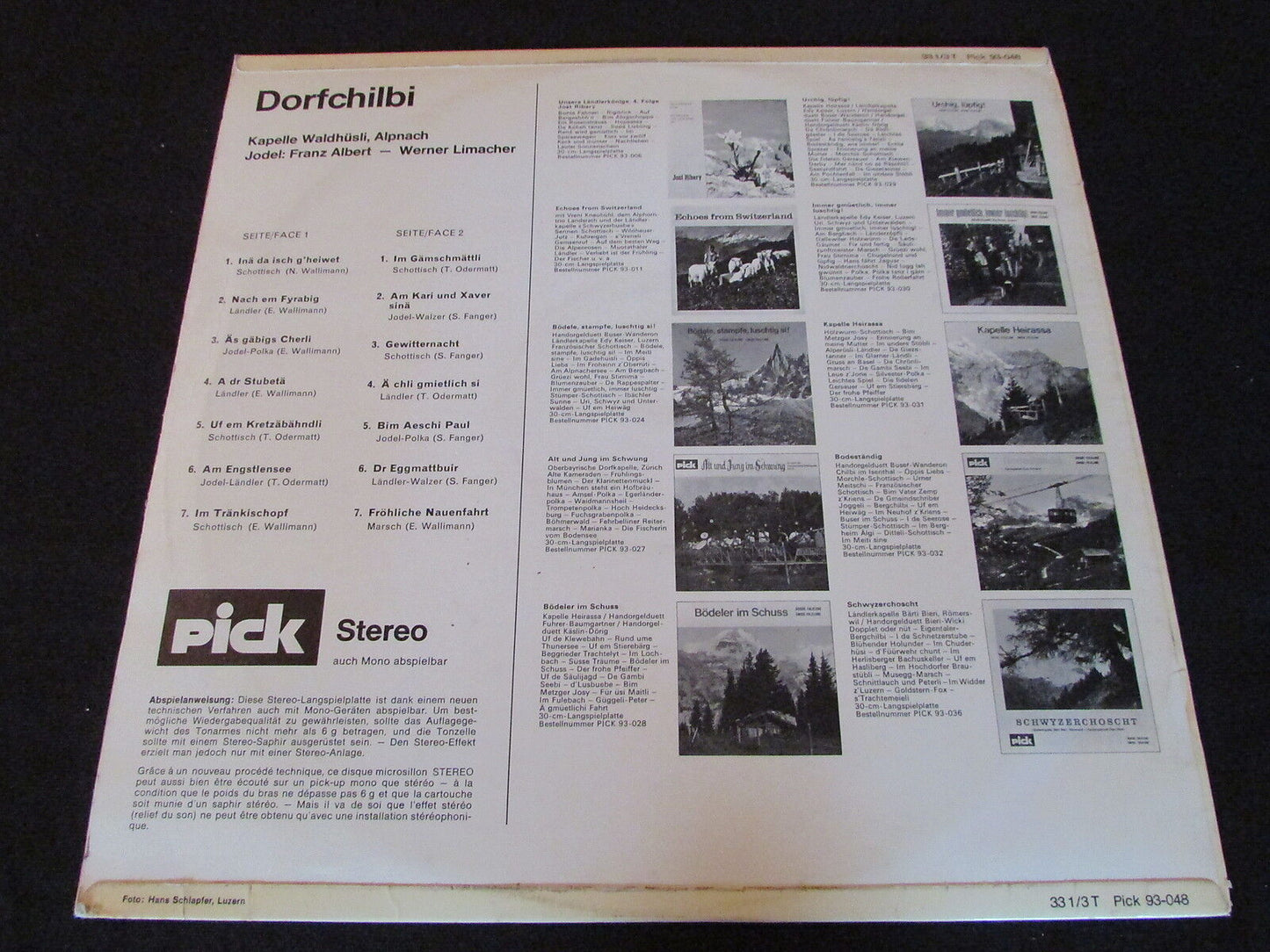 DORFCHILBI SWISS FOLKLORE AND YODEL PICK 93048 LP 33T 12"