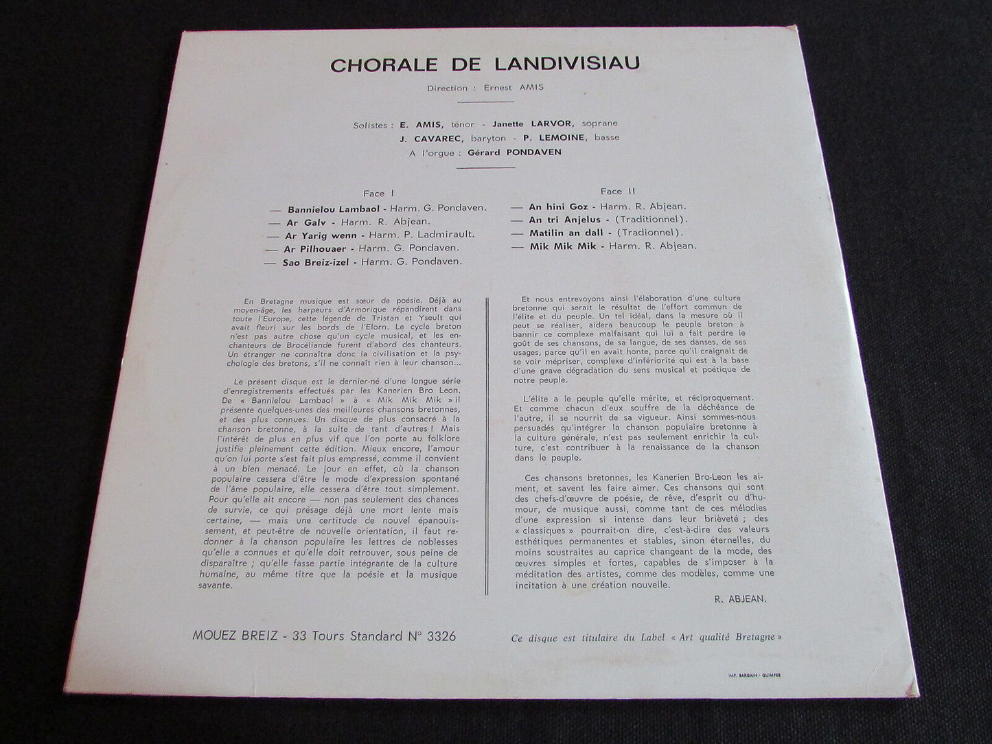 KANERIEN BRO LEON LANDIVIZIO MOUEZ BREIZ 3326 LP 33T 10"