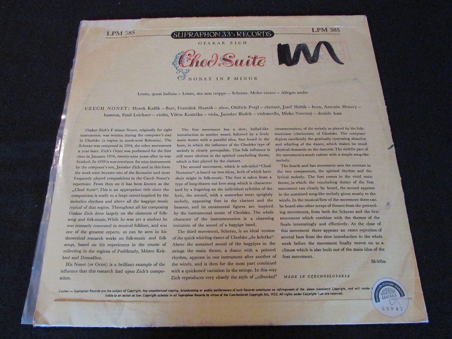 OTAKAR ZICH CZECH NONET RARE SUPRAPHON LPM 385 LP 33T 10" 1953