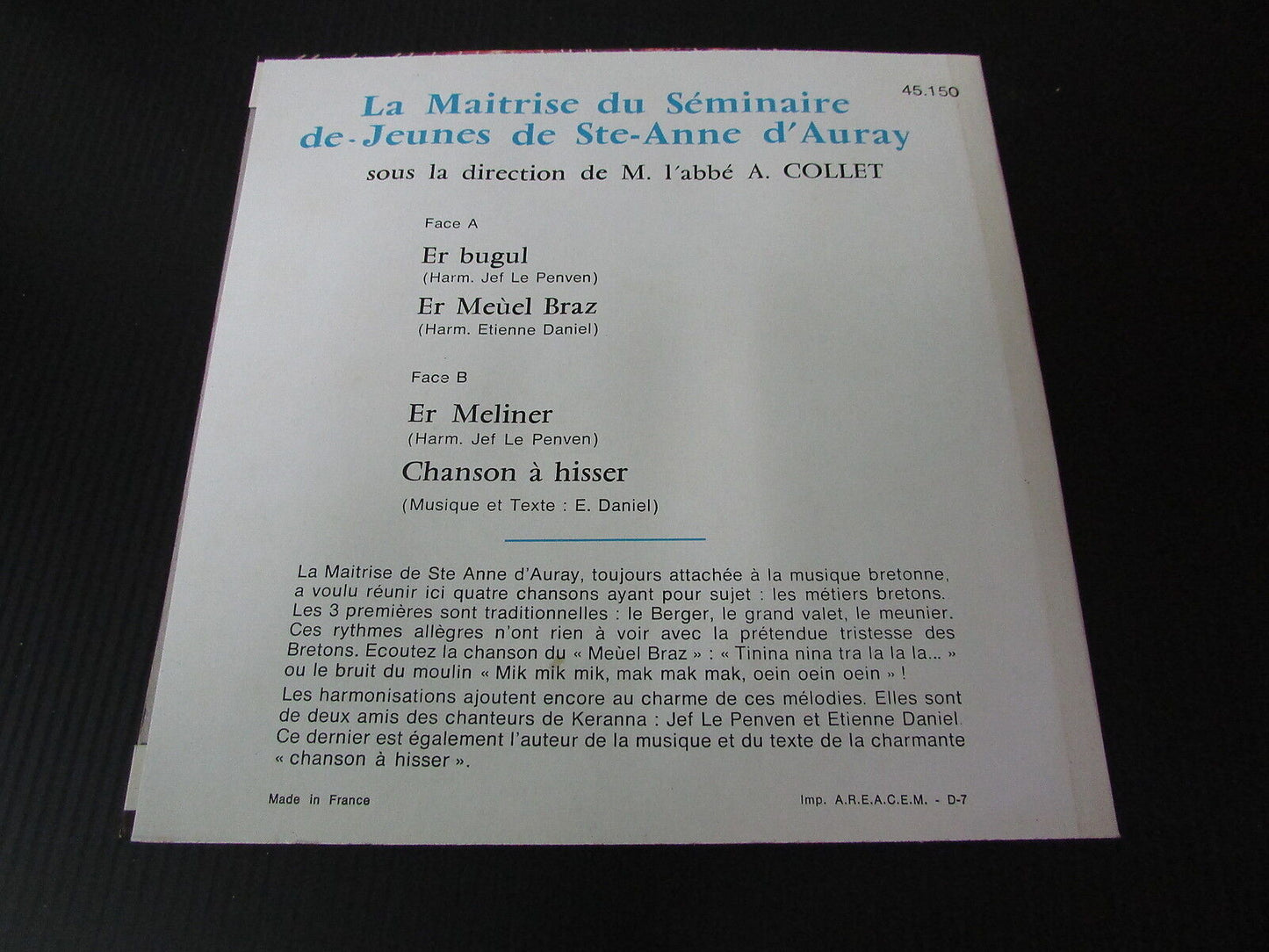 LA MAITRISE DU SEMINAIRE DE JEUNES EP 45T 7" MOUEZ BREIZ 45150 ETAT NEUF